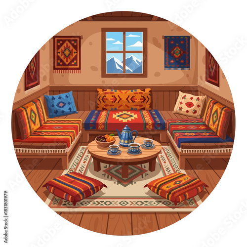 Cozy traditional interior with rugs, patterns, and a view of mountain peaks