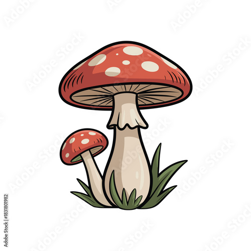 A whimsical illustration of two toadstool mushrooms nestled in grass, cartoonish and vibrant.