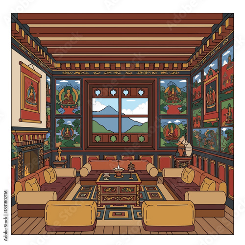 Exquisite cartoon illustration of a traditional Bhutanese interior design
