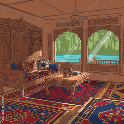 Exquisite traditional moroccan interior space featuring carved wood details