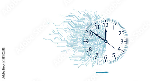 Clock Dissolving into Digital Particles Representing Time Passing, Generative AI.