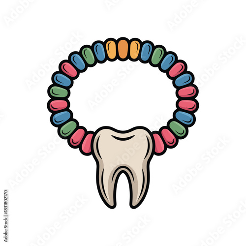 Cartoon molar tooth decorated with colorful beads. Dental hygiene and kid-friendly design.