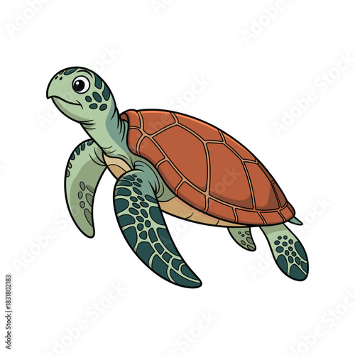 A whimsical cartoon sea turtle with a patterned shell swims with flippers spread wide.