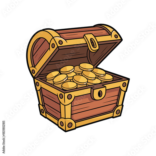 A charming, cartoon-style treasure chest filled to the brim with gold coins, a delightful find!