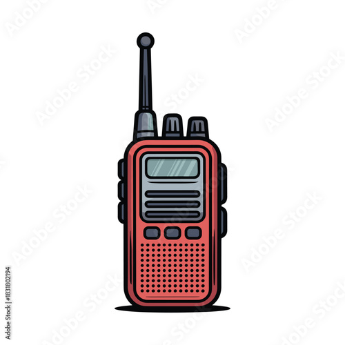 A simple drawing of a pink walkie talkie with a black antenna on a white background.