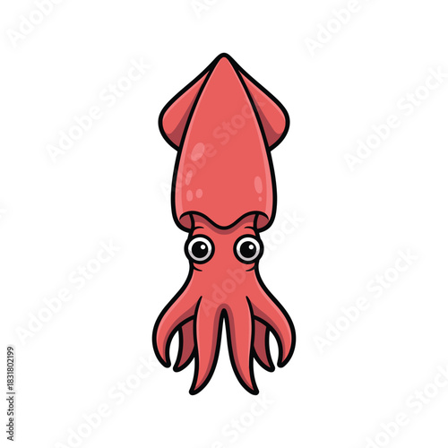 A cute cartoon squid with big eyes and a pink body swimming in the deep blue sea water.