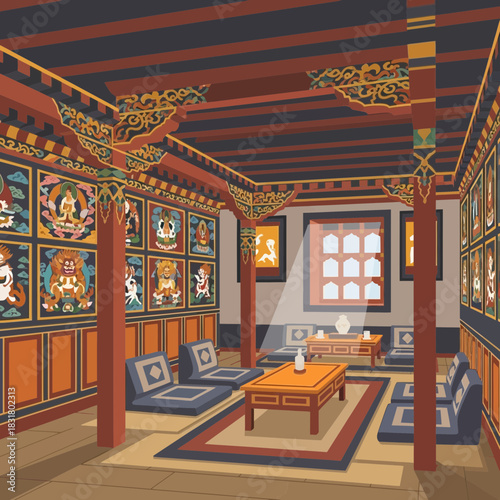 Interior of a Traditional Bhutanese Temple with Colorful Murals and Decorations