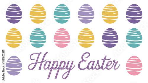 Colorful striped easter eggs arranged in rows with festive happy easter text in the center