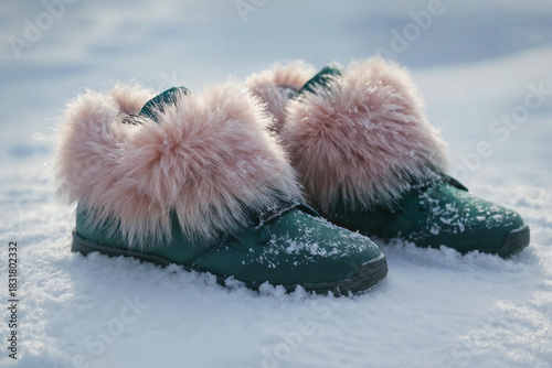 Stylish winter boots with pink fur trim resting in fresh, untouched snow