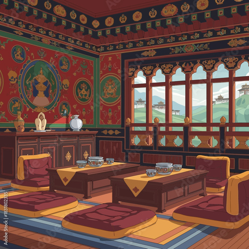 Intricate Bhutanese tea room interior with traditional decor and mountain view