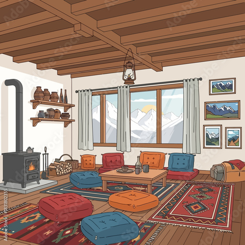 Inviting mountain cabin interior with cozy decor and serene mountain view