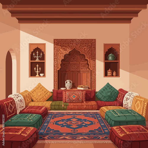 Luxurious Middle Eastern sitting room interior with traditional furniture