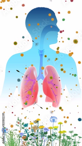 3D animation of the human respiratory system and pollen flying in the air. ENT and lungs superimposed on a human silhouette with a color gradient. Alongside flowers and plants that trigger spring.