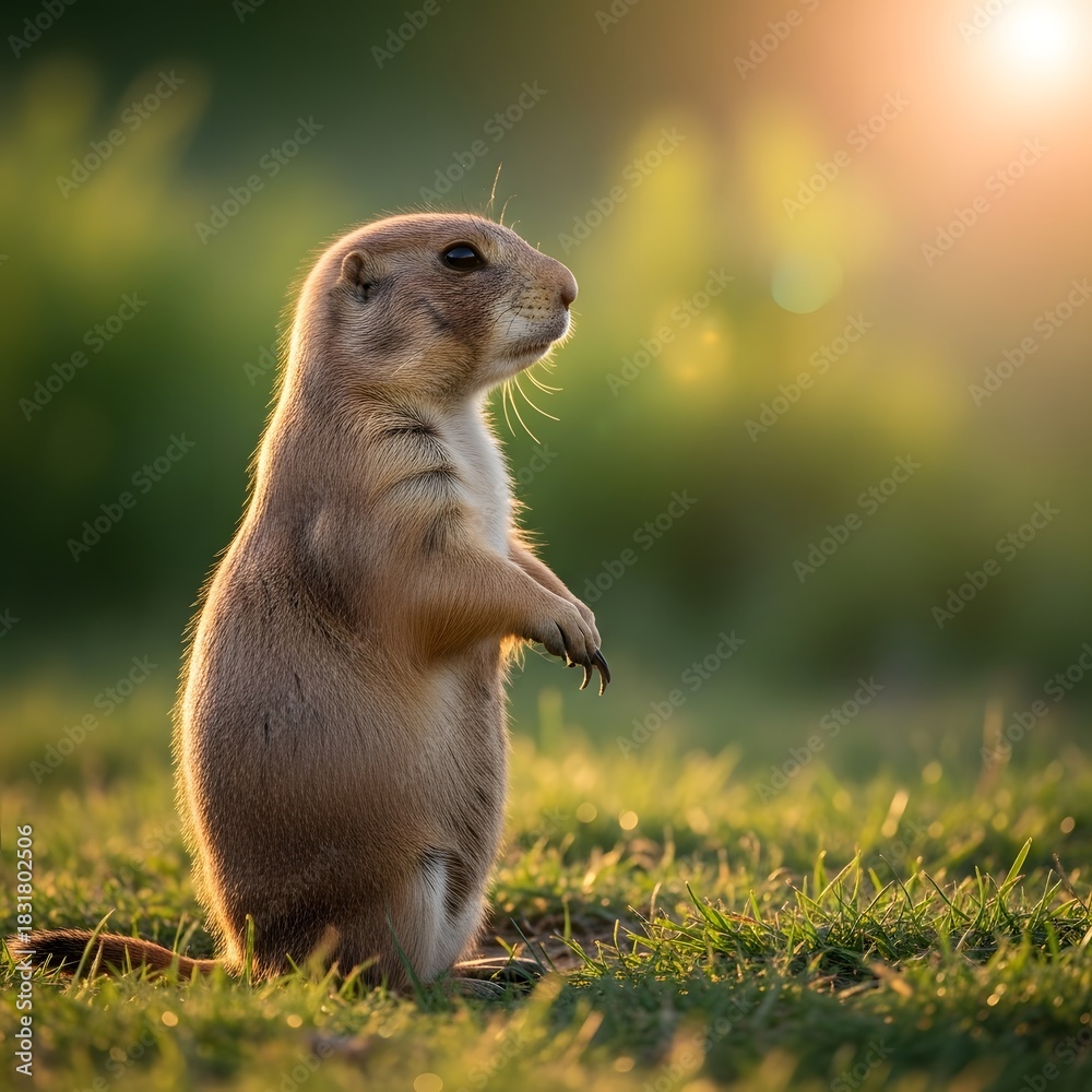 Fototapeta premium Prairie dog standing alert in golden light on a summer evening