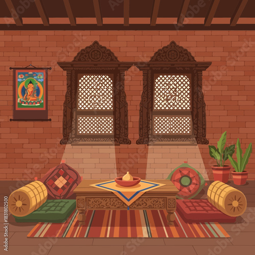 Serene Interior Illustration with Cultural Details and Artistic Flair