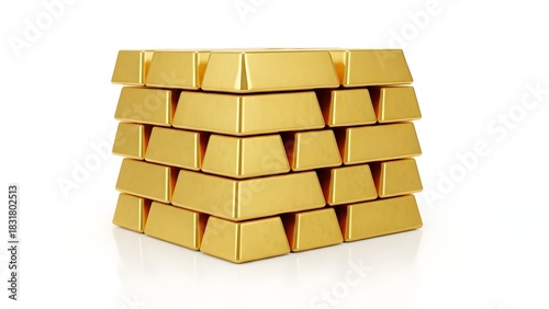 Stacked Gold Bars on White Reflective Surface Wealth and Investment Concept.