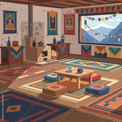 Serene Tibetan retreat with meditative ambiance and panoramic mountain views