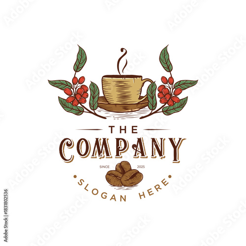 Vintage Coffee Roastery Badge with Beans and Cup Engraving Vector