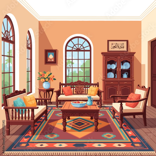 Serene vector illustration of a living room design, capturing a warm ambiance
