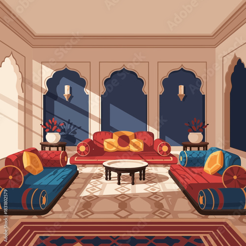 Stylized interior scene with Moroccan arches and elegant furniture arrangements