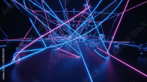 Wallpaper Mural Abstract Neon Laser Grid with Floating Spheres and Geometric Shapes. Torontodigital.ca