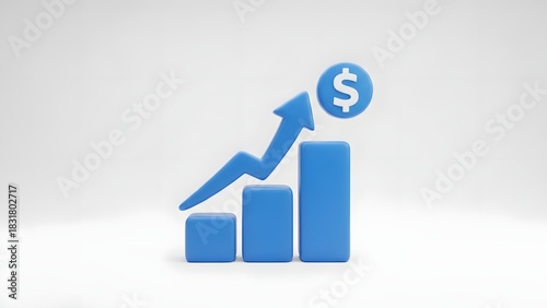 Vibrant Blue 3D Bar Chart with Upward Arrow and Dollar Sign Symbolizing Financial Growth.