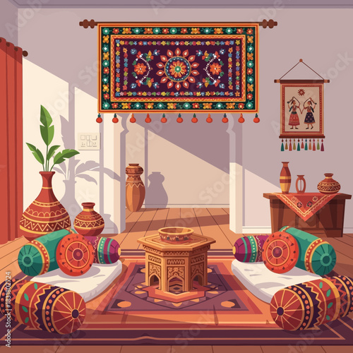 Vibrant ethnic interior with kilim wall hanging, traditional pillows and pottery