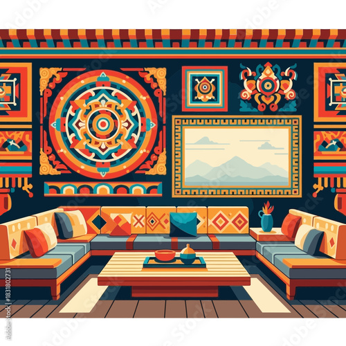 Vibrant interior design with geometric motifs and comfortable seating arrangements