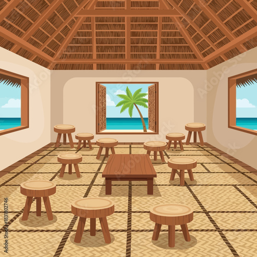 Tropical Island Hut Interior with Ocean View and Rustic Wooden Furniture