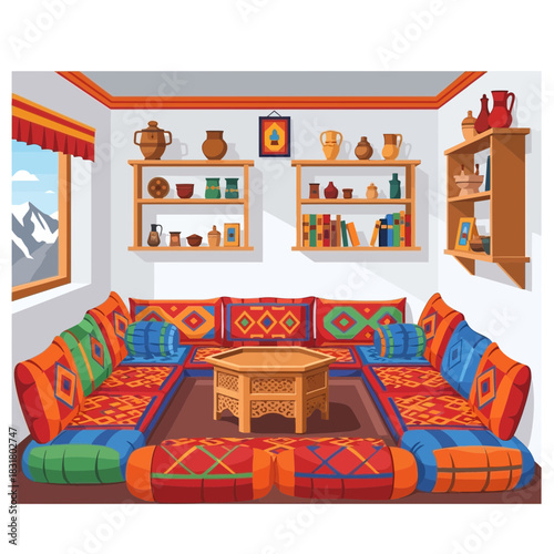 Vibrant Moroccan lounge interior with colorful cushions and scenic view