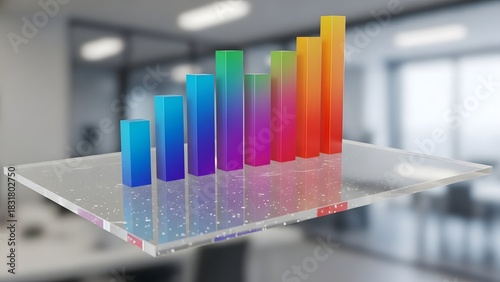 Vibrant Holographic Bar Chart Projecting Business Data on a Glass Interface in an Office.