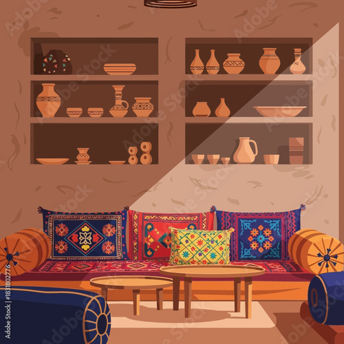 Warm arabian living space, cozy cushions and decorative traditional pottery