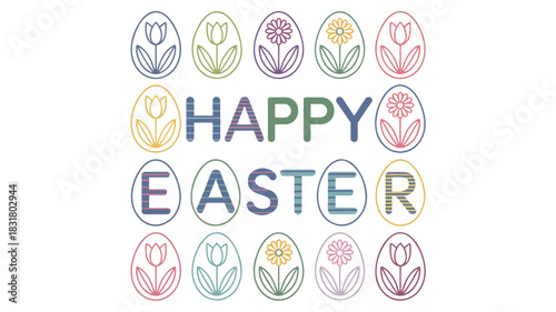 Happy easter greeting with colorful decorative eggs featuring floral designs and striped lettering