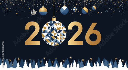 Elegant New Year 2026 design with gold numbers, ornament ball replacing “0,” hanging decorations, sparkling lights, and icy border on dark blue background—perfect for seasonal greetings and festive pr