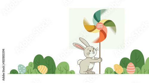 Cute cartoon bunny holding a colorful pinwheel with happy easter message surrounded by green bushes and decorated eggs