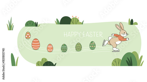 Cute cartoon bunny ice skating with colorful decorated easter eggs on a pastel green background
