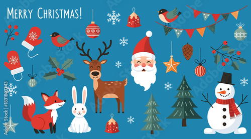 Collection of cute cartoon christmas and winter holiday elements including santa claus, reindeer, snowman, fox, rabbit, bird, tree, mitten, ornament, and festive decoration on a blue background