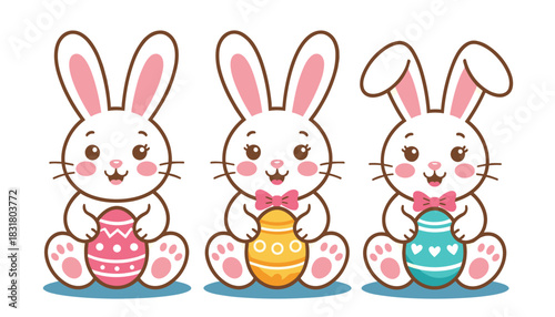 Three cute rabbits holding colorful Easter eggs in pastel colors  