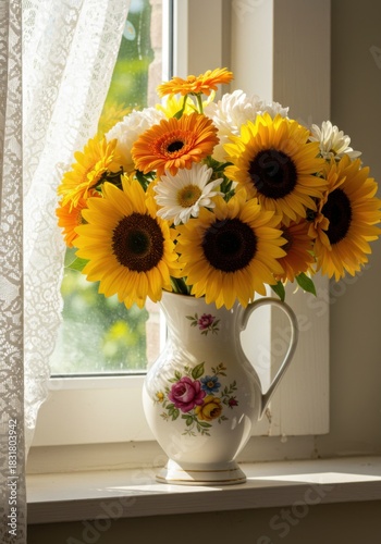 Sunflowers and Daisies in Vintage Pitcher on Windowsill