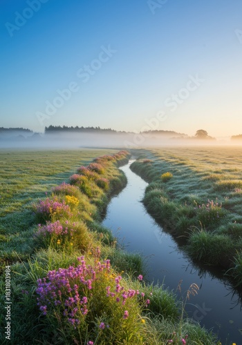 Serene Sunrise Landscape with Foggy Meadow and Stream