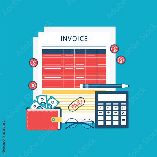 Paper document invoice form. Concept of invoice payment. Tax, receipt, bill. Wallet with cash money