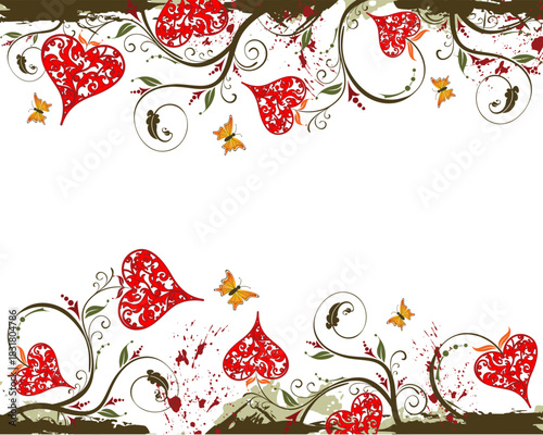 Valentines Day grunge background with hearts and florals