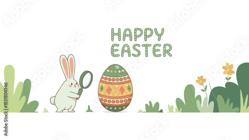 Adorable kawaii bunny character holding a magnifying glass exploring with curiosity and a playful cute style