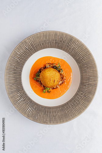 A stunning dish features a golden croquette atop vibrant sauce and fresh herbs