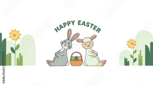 Charming illustration of a fluffy bunny and a gentle lamb sitting back to back in a colorful design