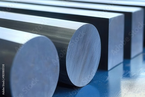 rounded and flat aluminum bars on blue surface close-up in isolated composition for industrial material advertising and product design