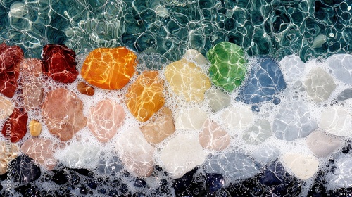 Fototapeta Naklejka Na Ścianę i Meble -  An abstract image of colorful stones submerged in water, with bubbles creating a textured effect. The stones are arranged in a gradient of colors.