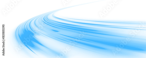 Twisting blue neon streaks flow on a transparent PNG. Vector curved lines form glowing motion trails. Bright light lines spiral with speed and dynamic motion.