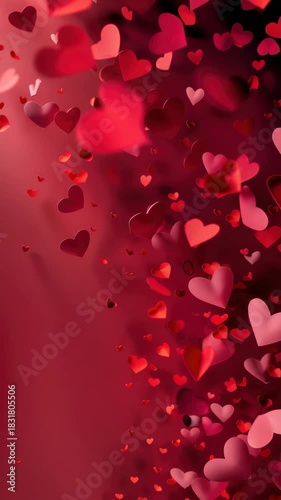 A red background with a lot of hearts scattered around it. The hearts are of different sizes and are placed in various positions