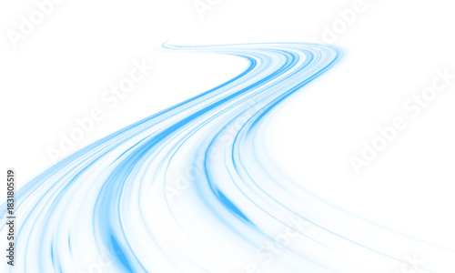 Twisting blue neon streaks flow on a transparent PNG. Vector curved lines form glowing motion trails. Bright light lines spiral with speed and dynamic motion.